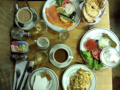 photograph of a table of food at Barney Greengrass